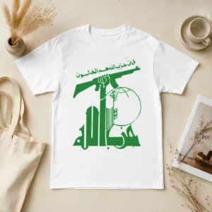 Nice Flag Of Hezbollah t shirt in black, featuring a bold yellow Hezbollah flag graphic on the front