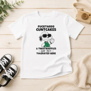 Awesome Snoopy Peanuts Fcktards Cuntcakes And Twatwaffles Are Not Tolerated Here kids t shirt in white with bold graphic print