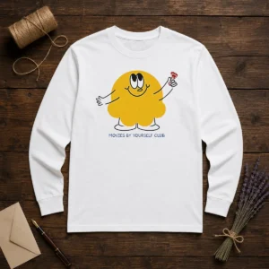 Original Movies By Yourself Club Yellow Blob Character Holding A Red Candy Art long sleeve shirt in bright yellow