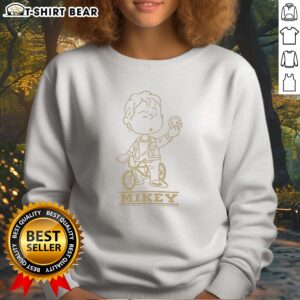 Premium Mikey Goonies Character On Bmx Bike Riding With Coin Illustration Sweatshirt featuring vibrant graphics.