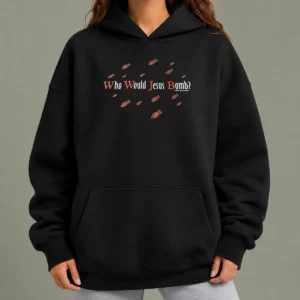 Pretty Fish WHO Would Jesus Bomb Hoodie in dark color with front graphic design and drawstring hood