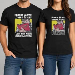 Size chart for Top Horror Movie Lovers Be Like shirt with measurements in inches and cm for accurate sizing