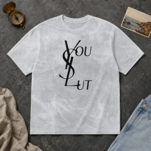 Original Ysl You Slut Parody Washed T Shirt in soft vintage fabric with faded print detail