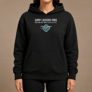 Original Warp Speed Laundry Pods Fast Stain Removal Geek Hoodie in black with front pocket and adjustable hood