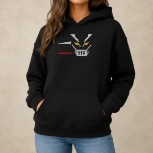 Nice Mazinger Z Robot Face Logo Hoodie in black with front graphic print and adjustable drawstring hood