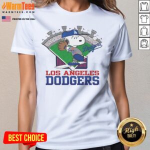Snoopy Los Angeles Dodgers MLB Stadium ladies tee featuring vibrant graphics and a comfortable fit.