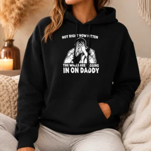 Pretty Premium Not Right Now Kitten The Walls Are Closing In On Daddy Hoodie in charcoal gray, front view with kangaroo pocket and drawstring hood