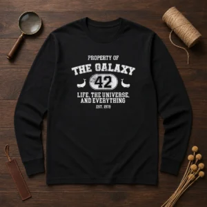 Original Property Of The Galaxy 42 Life The Universe And Everything Est 1979 long sleeve shirt in black with white text design