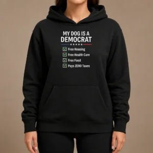 Pretty My Dog Is A Democrat Hoodie in charcoal gray with front pocket and drawstring hood
