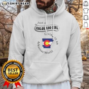 Pretty Just A Colorado Girl Living In An Arkansas World Hoodie in charcoal gray with front pocket and drawstrings