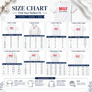 Size chart for Top 20 MILF Man I Love Fabio showing measurements in inches and cm for accurate sizing