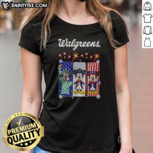 Original Walgreens Mickey Mouse Statue Of Liberty Patriot Uncle Sam USA Ladies Shirt in white, featuring a patriotic graphic design