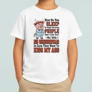 Hot How Do You Sleep At Night Knowing People Dont Like You Me With No Underwear In Case They W kids t shirt front view