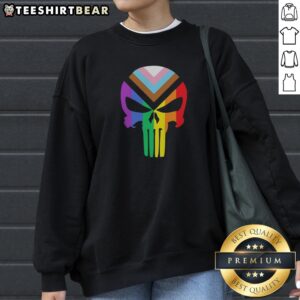 Awesome Punisher Marvel Skull Progressive Pride Sweatshirt showcasing a bold design with vibrant colors.