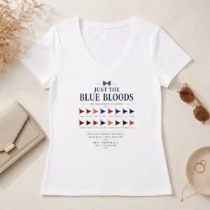 Top Just The Blue Bloods The Tradition Runs Deeper V Neck Shirt in blue with short sleeves and fitted cut