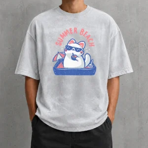 Pretty Summer Beach Cat Washed T-Shirt