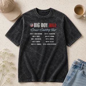 Original Big Boy 4014 Tour America 250th Train Cross Country Tour Washed T Shirt displayed on a light background, showing front print on a soft washed cotton tee