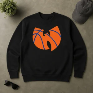 Official Wu Tang Clan X New York Knicks Logo Sweater in black with bold graphic print on front