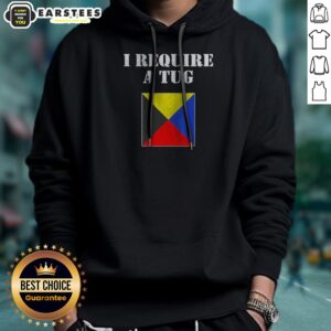 Good I Require A Tug hoodie in black with front pocket and drawstring hood, displayed on a plain background