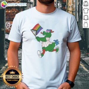 Top Philadelphia Phillies Pride Mascot Running With Progress Flag Shirt featuring vibrant colors and a bold design.