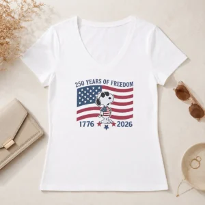 Pretty Snoopy Wearing Sunglasses 250 Years Of Freedom 1776 2026 V Neck Shirt on white background