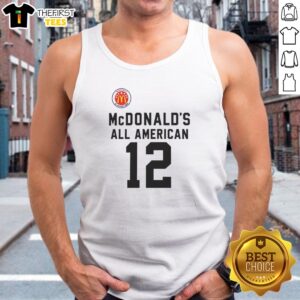 Funny Mcdonalds All American 12 Tank top in white, sleeveless casual wear with bold graphic print