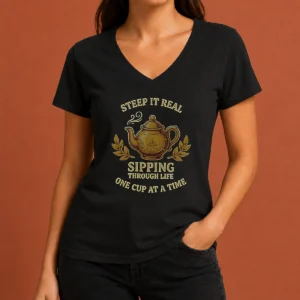 Original Steep It Real Sipping Through Life One Cup At A Time Teapot V-Neck Shirt