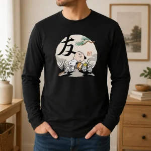 Good Peanuts Charlie Brown Friends Japan Mens Long Sleeve Shirt featuring classic Peanuts characters with a Japan-inspired design