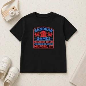 Top Sandbar Games Summer 2026 Woodmont Beach Milford CT Crab Trophy Kids T-Shirt