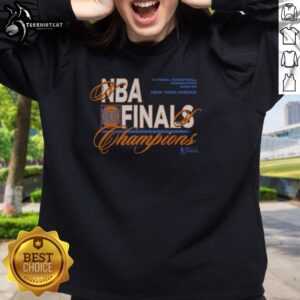 Official New York Knicks 2025 2026 NBA Finals Champions National Basketball Association sweatshirt in navy blue with bold championship print