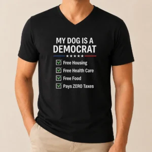 Pretty My Dog Is A Democrat V Neck Shirt in heather gray showing front print design