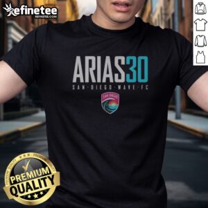 Official San Diego Wave FC Arias 30 San Diego Wave FC Soccer NWSL Player t shirt displayed in a vibrant setting