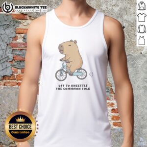 Official Capybara Driving Bicycle Off To Unsettle The Commmon Folk Funny Meme Illustration Tank Top featuring a humorous design.