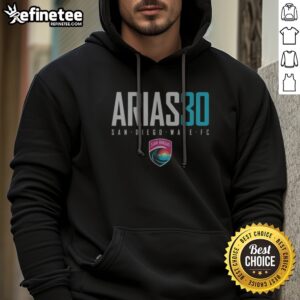 Official San Diego Wave FC Arias 30 hoodie featuring vibrant team colors and player details.