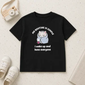 Awesome My Routine Is Simple I Wake Up And Hate Everyone Cat Kids T-Shirt