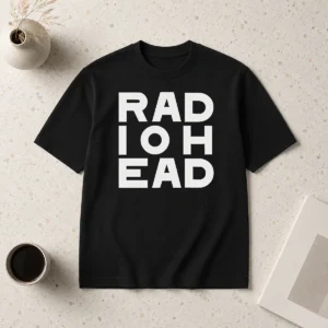 Pretty Edward Norton Radiohead t shirt featuring a classic crew neck and short sleeves in black