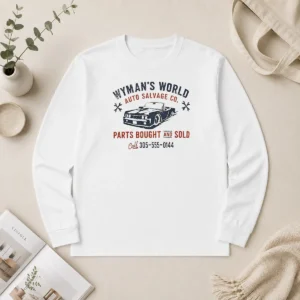 Funny Wymans World Auto Salvage Co long sleeve shirt with vintage auto salvage graphic in blue and white