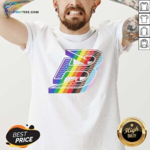 Boston Red Sox Pride Month Logo Alphabet B Rainbow LGBTQ Progress Flag v neck optimized for vibrant display