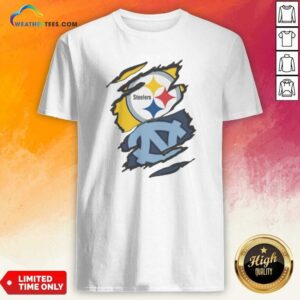 Premium Pittsburgh Steelers And UNC Tar Heels Ripped Metal Effect Logo shirt optimized for showcasing team spirit