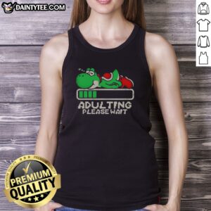 Top Yoshi Super Adulting Please Wait Loading Tank Top in black, sleeveless casual wear with fun text design