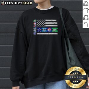 Funny Dallas Sport Teams Dallas Cowboys Mavericks Rangers Stars Flag Logos Sweatshirt featuring vibrant team logos.