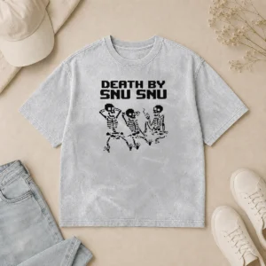 Official Death By Snu Snu Washed T Shirt in faded black showing front graphic and soft texture