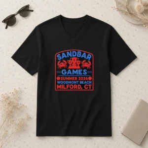 Top Sandbar Games Summer 2026 Woodmont Beach Milford CT Crab Trophy V Neck Shirt featuring unique crab trophy design