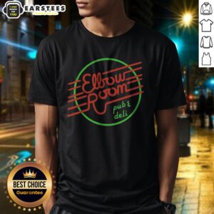 Funny Elbow Room Pub And Deli Graphic Logo shirt displayed on a flat surface