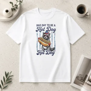 Original Bad Day To Be A Hot Dog t shirt in black, featuring bold white and red typography on a classic crew neck cotton tee