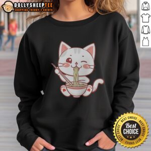 Funny Kawaii Ramen Eating Cat Bowl Noodles Japanese Anime Food Lover Sweatshirt featuring a cute cat design.