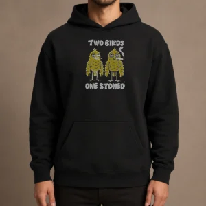 Original Two Birds One Stoned Smoking Hoodie in charcoal gray with front pocket and adjustable hood