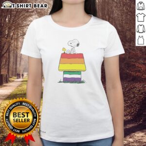 Original Snoopy Peanuts Happy Pride Month Ladies shirt featuring vibrant colors and iconic characters.