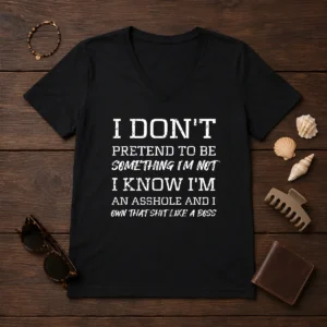Pretty I Don'T Pretend To Be Something I'M Not I Know I'M An Asshole And I Own That Shit Like A Boss graphic on a black v neck shirt