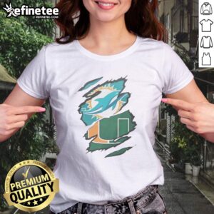 Official Miami Dolphins And Miami Hurricanes Ripped Logo Design Apparel girlt shirt in vibrant colors